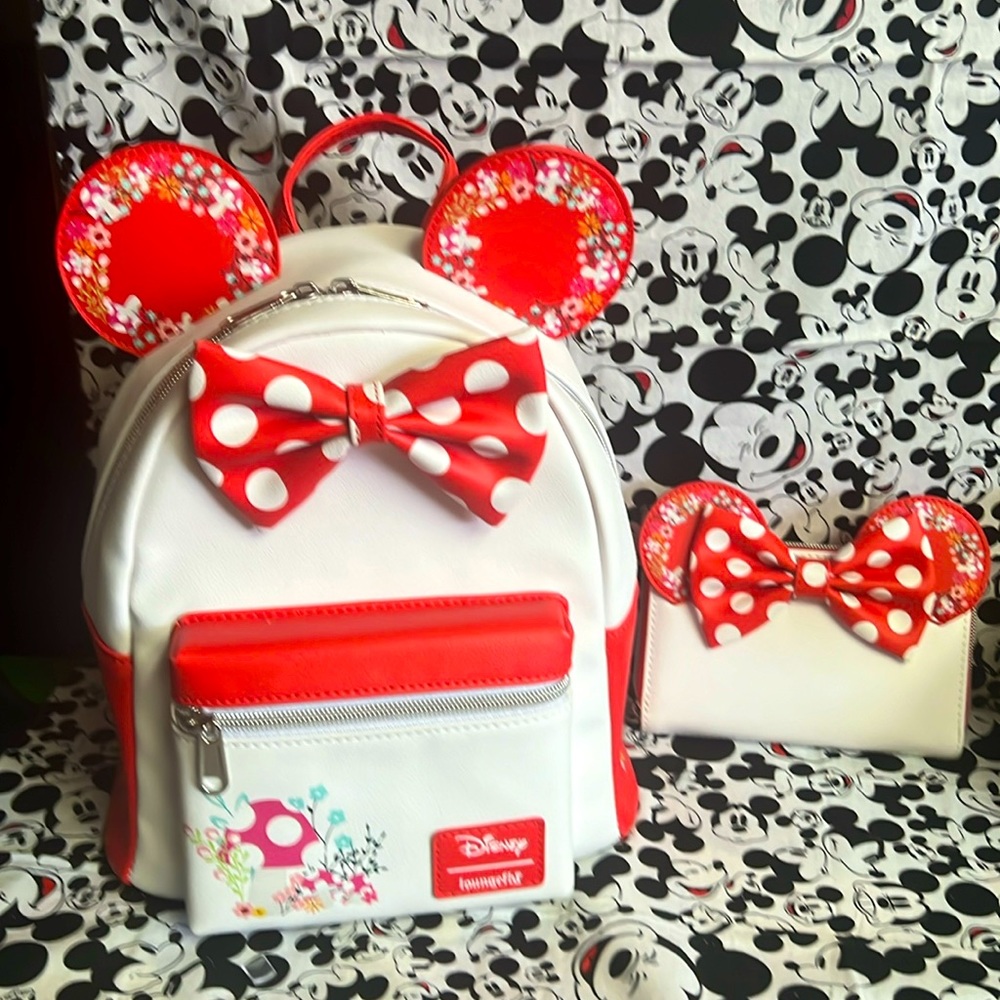 Loungefly Minnie Mouse Floral Mushroom Mini Backpack & Wallet Set New